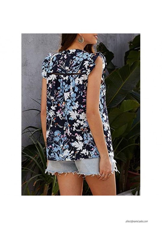 Actloe Womens Floral Print V Neck Tank Tops Casual Ruffle Summer Sleeveless Shirts Blouses