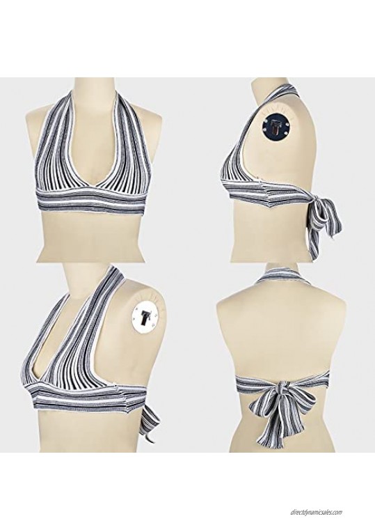 Auriviz Women's Y2K Sexy Deep V Neck Striped Knit Halter Crop Tank Tie Back Sleeveless Summer Bandage Backless Crop Cami Top