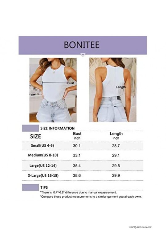 BONITEE Women Tank Tops Summer Sleeveless Bodysuit Basic Cami Top Shirt Slim Knit Ribbed Racerback Blouses