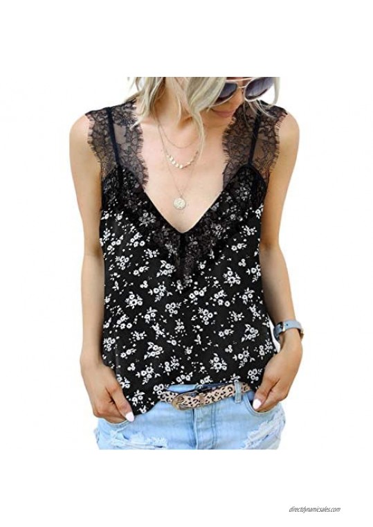 CANIKAT Women's V Neck Lace Strappy Cami Tank Tops Flowy Sleeveless Blouse Shirts