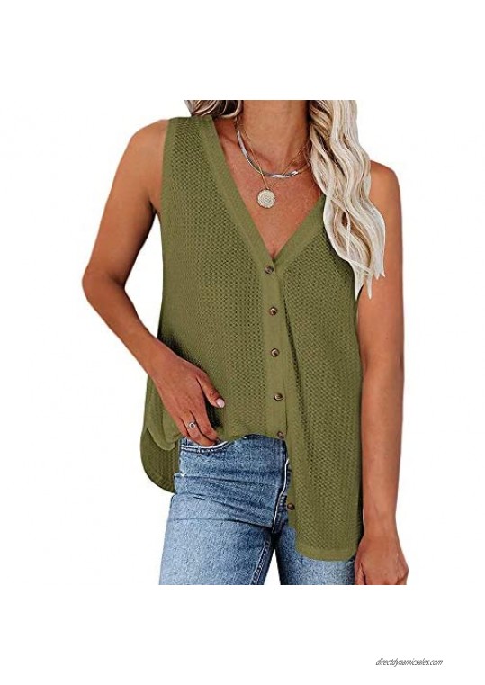 CCBSTS Womens Button Down V Neck Tank Tops Sleeveless Waffle Knit Blouse Shirt Summer Casual Loose Tunic Tees