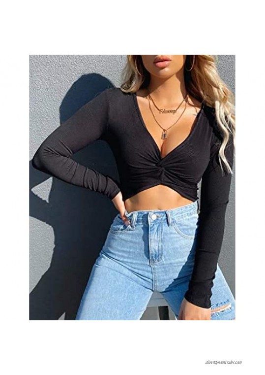Crop Tops for Women Long Sleeve Sexy Deep V Neck Slim Fit Wrap Crop Tops Tees 0169……