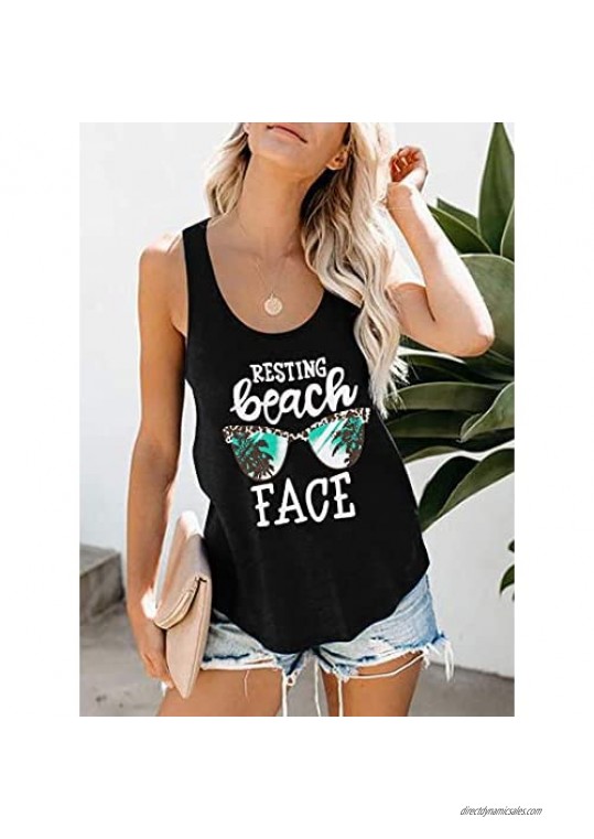 EGELEXY Resting Beach Face Tank Tops Women Sleeveless Racerback Letter Print Loose Vacation Vest Tees