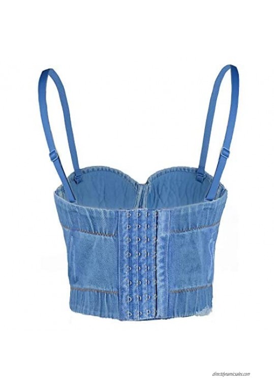 ELLACCI Women's Tassel Rhinestone Denim Bustier Crop Top Jean Corset Top Bra Blue