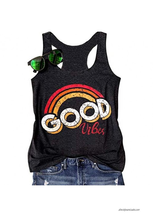 Good Vibe Rainbow Tank Top Women Summer Cute Casual Graphic Tees Funny Workout Sleeveless Vest Tops