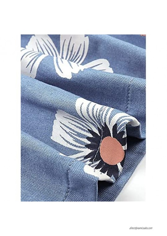 Holatee Women's Casual Lapel Neck Button Down Floral Print Distressed Short Sleeve Denim Shirt Maxi Long Dress