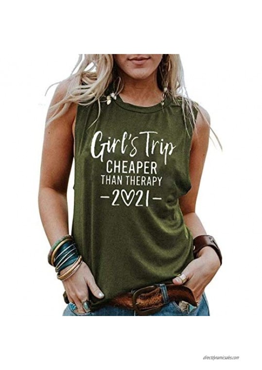 LLHXRUI Girls Trip Cheaper Than Therapy 2021 Tank Tops for Women Sleeveless Trip Hiking Shirts Tees