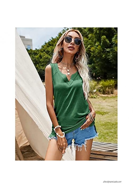 LOMON V Neck Tank Tops for Women Summer Trendy Basic Low Cut Henley Shirts Side Split Casual Sleeveless Tunic Tees Loose Fit