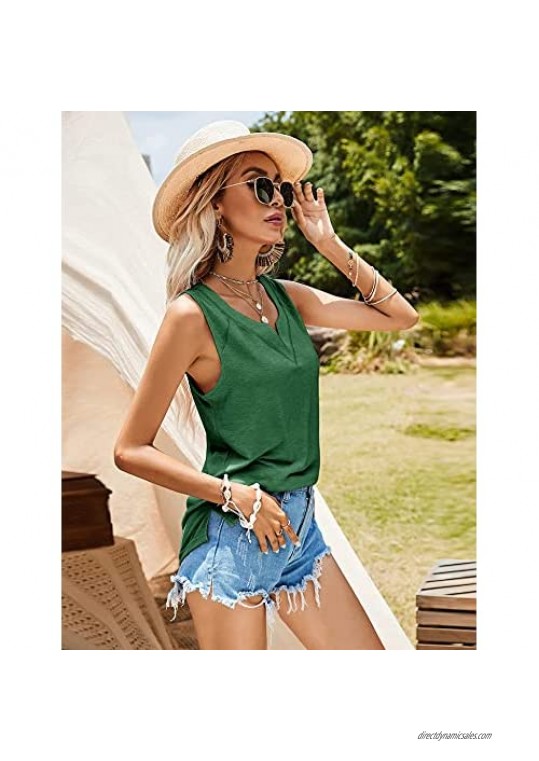 LOMON V Neck Tank Tops for Women Summer Trendy Basic Low Cut Henley Shirts Side Split Casual Sleeveless Tunic Tees Loose Fit