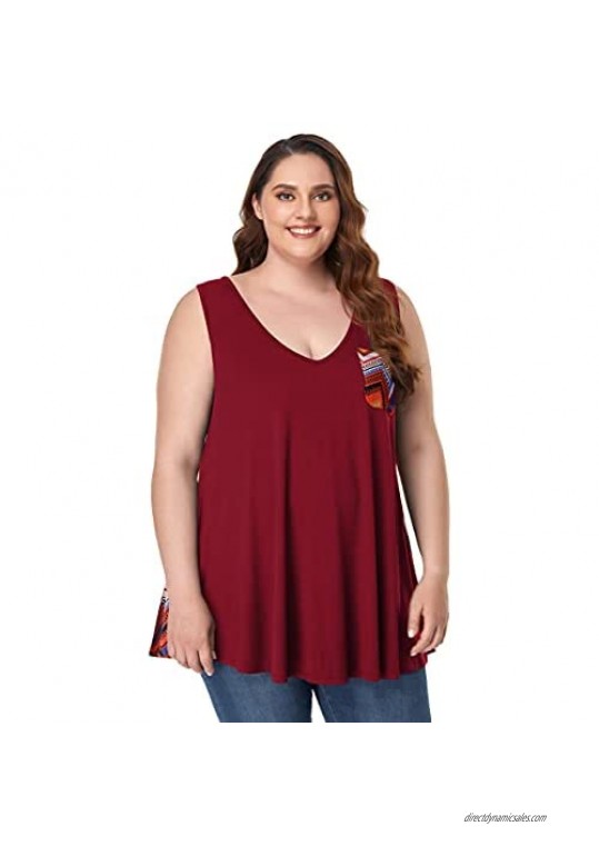 MONNURO Women's Plus Size Sleeveless Tops Summer V Neck Shirts Color Block Loose Tunic Tank Top with Pockets