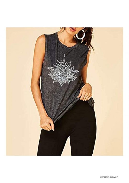 QIANRUO Lotus Flower Tank Top Women Meditation Yoga Shirts Casual Workout Muscle Tank Top Summer Sleeveless Graphic Tees Vest
