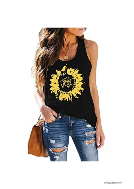 ReachMe Womens Casual Summer Sunflower Printed Tank Tops Sleeveless Cute Floral Graphic Tee Shirts