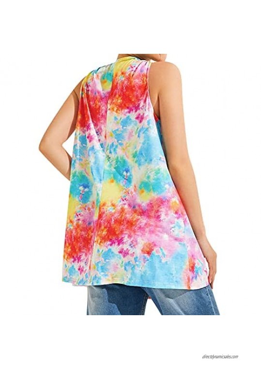 RMCMS Womens Summer Tie Dye Print Cami Shirt Sleeveless Halter Neck Slim Fit Easy Pair with Jeans Tank Tops