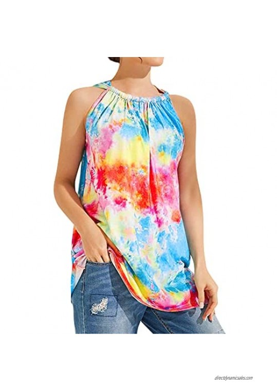 RMCMS Womens Summer Tie Dye Print Cami Shirt Sleeveless Halter Neck Slim Fit Easy Pair with Jeans Tank Tops