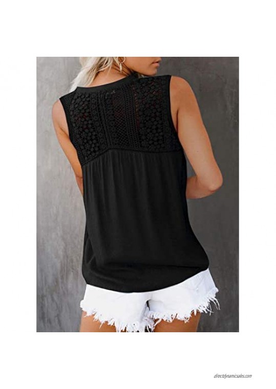 Sidefeel Women's Lace Crochet V Neck Sleeveless Button Down Shirts Tank Tops Blouses Tops