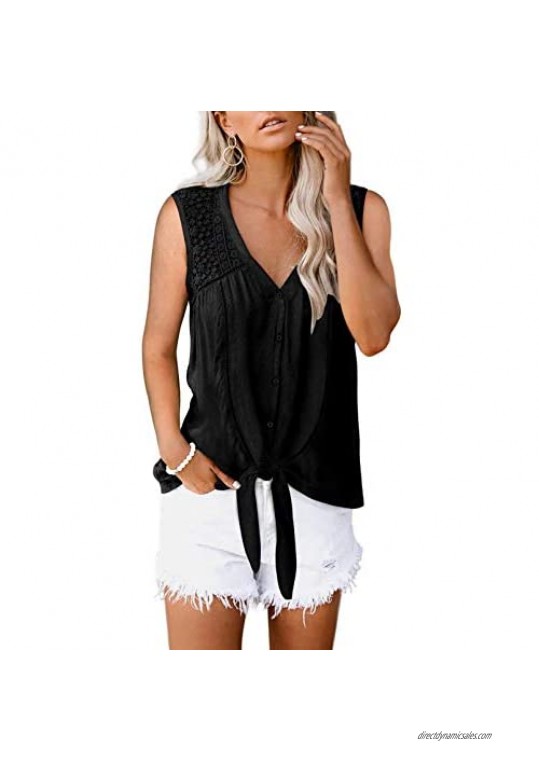 Sidefeel Women's Lace Crochet V Neck Sleeveless Button Down Shirts Tank Tops Blouses Tops
