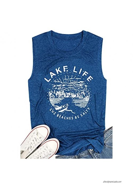 VILOVE Women Graphic Tees Summer Vacation Tank Tops Lake Life Letters Print T Shirt Funny Saying Sleeveless Casual Vest Tee
