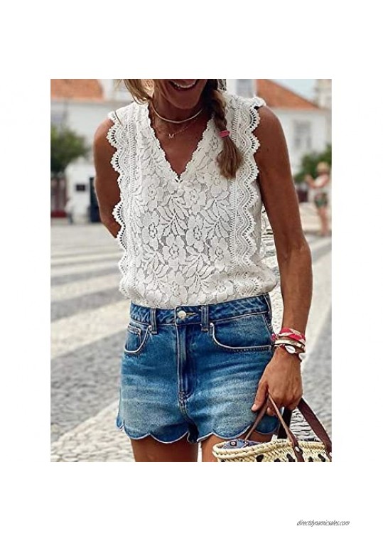 Womens V Neck Tank Tops Lace Crochet Sleeveless Tunic Shirt Summer Cami Blouses
