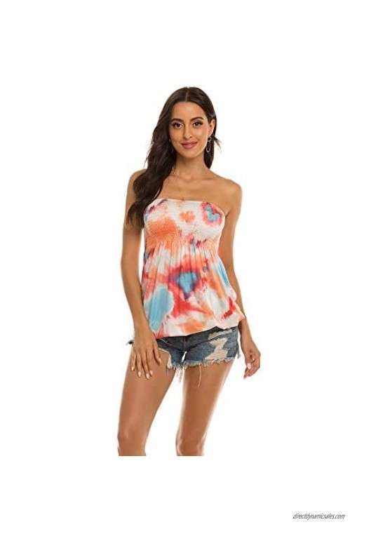 YYW Women's Tie Dye Tank Top Casual Pleated Blouse Shirt Strapless Stretchy Sleeveless Tube Top