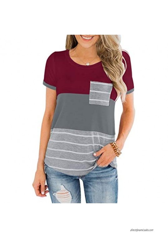 Adreamly Women's Short Sleeve Round Neck T Shirts Triple Color Block Striped Tunic Tops with Pocket