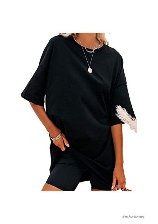 Biucly Womens Summer Tops Casual Oversized T Shirt Short Sleeve Crewneck Shirts Basic Tees