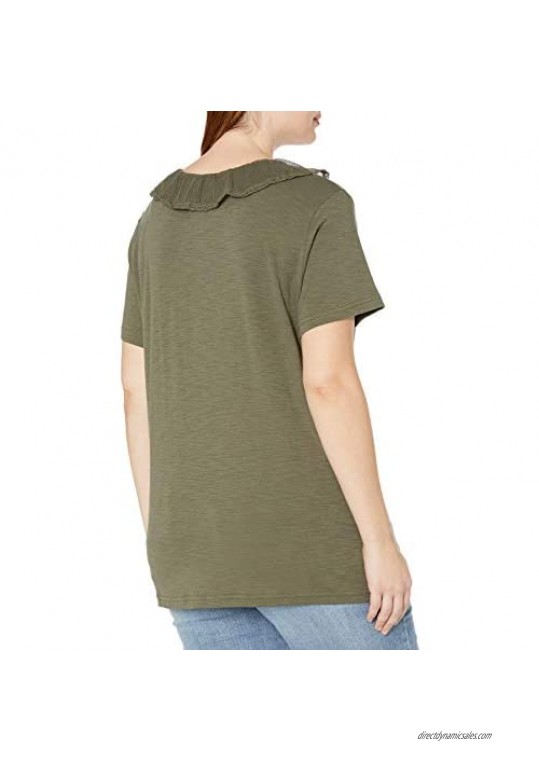 Chaps Women's Plus Size Ruffled Lace Collar Soft Cotton T Shirt