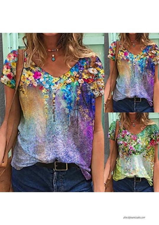 Floral Paint T-Shirt for Women Short Sleeve Colorful Tee Casual Trendy Tops V Neck Plus Size Blouse
