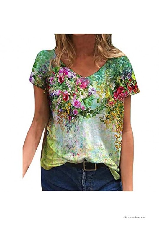 Floral Paint T-Shirt for Women Short Sleeve Colorful Tee Casual Trendy Tops V Neck Plus Size Blouse