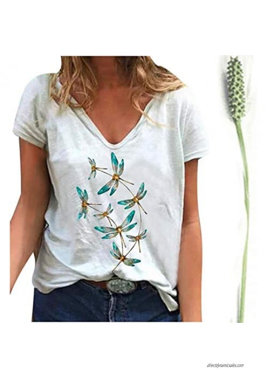 Graphic T Shirts for Women Summer Dragonfly Print Loose Casual Tee Shirts Cute Soft Loose V Neck Tops Valentine Gift Tops