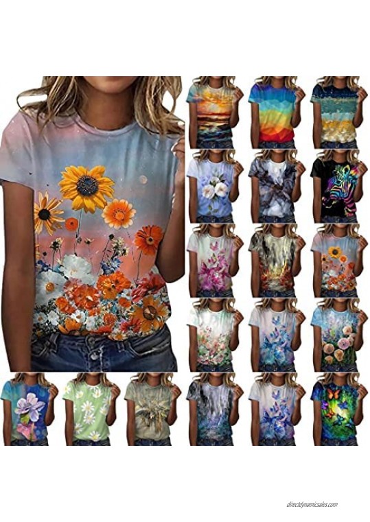 Graphic Tees Shirts for Womens Summer Tops Loose Fit Short Sleeve Tunic 2021 Floral Printed Tshirts