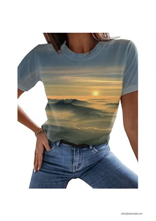 HAM Womens Top Beach and Sunset Print Shirt Women O Neck Short Sleeve Summer Casual Tee