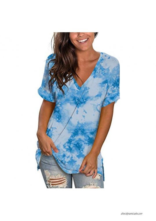 Handyulong Summer Shirts for Women Womens T Shirts Short Sleeve V-neck Tees Tie Dye Print Workout Loose Tops Blouse Tee
