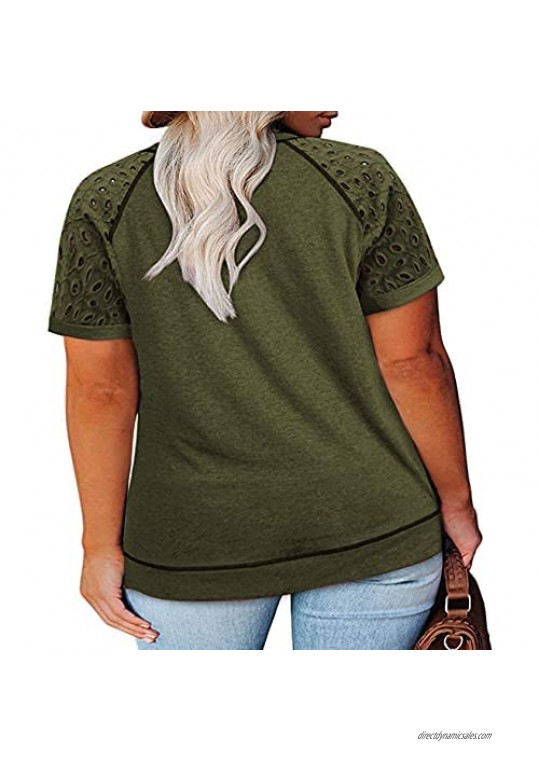 Hestenve Plus-Size Tops Women Lace Short Sleeve T Shirts Crew Neck Tees Tunics XL-5XL