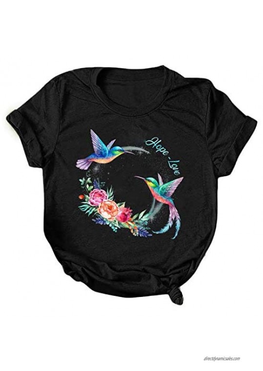 Hope LoveT-Shirt for Women's Summer Crewneck Short Sleeve Tops Floral Hummingbird Print Graphic Tee Inspirational Shirt