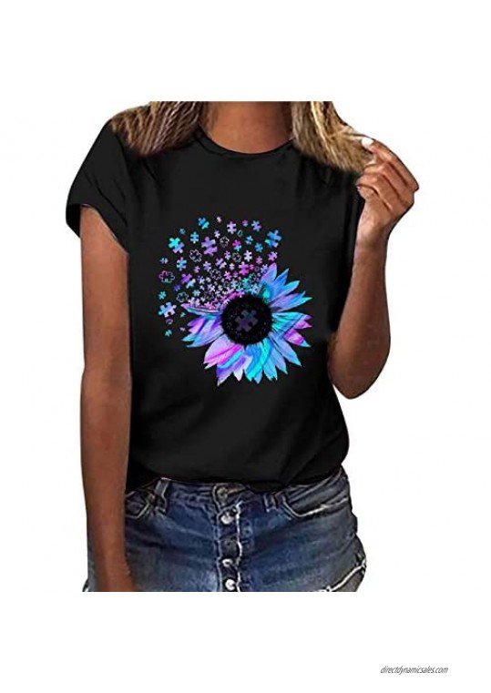 Lovor Womens Short Sleeve Tee Tops Womens Loose T-Shirts Casual Sunflower Dandelion Printing O-Neck Blouse Tops Funny Shirts
