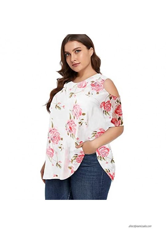 LZPZZ Womens Plus Size Floral Printing Tops Cold Shoulder Sexy Tunic Top Blouses Short Sleeve O-Neck Casual Loose T Shirts