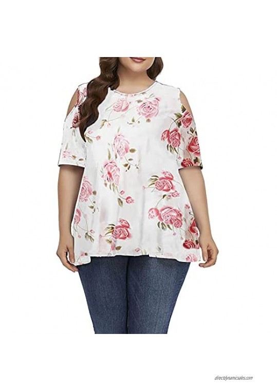 LZPZZ Womens Plus Size Floral Printing Tops Cold Shoulder Sexy Tunic Top Blouses Short Sleeve O-Neck Casual Loose T Shirts