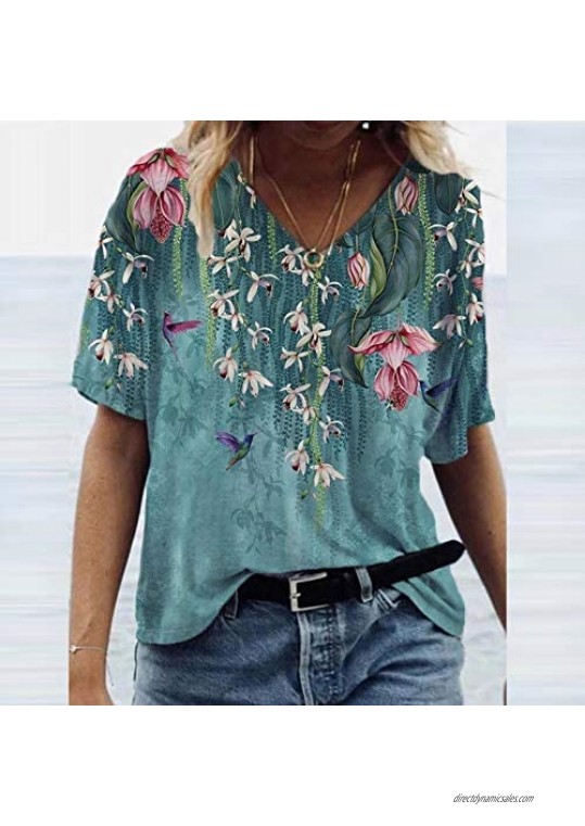 Maryia Womens Summer Plus Size Tops and Blouses Casual Loose Fit Short Sleeve V Neck Cute Flower Print T Shirts