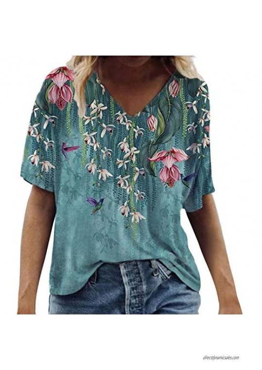 Maryia Womens Summer Plus Size Tops and Blouses Casual Loose Fit Short Sleeve V Neck Cute Flower Print T Shirts