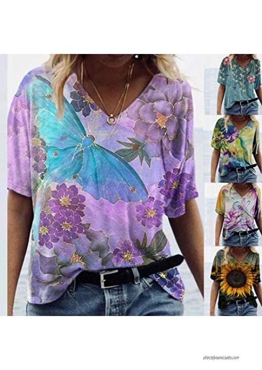 Mimacoo V Neck Pullover for Women Plus Size Top Colorful Retro Print Shirt Lightweight Comfy Tee