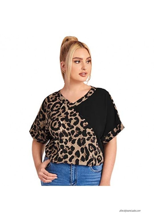 Romwe Women's Plus Size Leopard Print Batwing Short Sleeve V Neck T Shirt Tee Tops