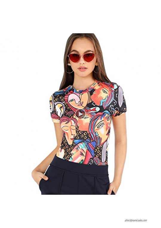 SheIn Women's Casual Crew Neck Short Sleeve Fitted Graphic T-Shirt Tee Tops