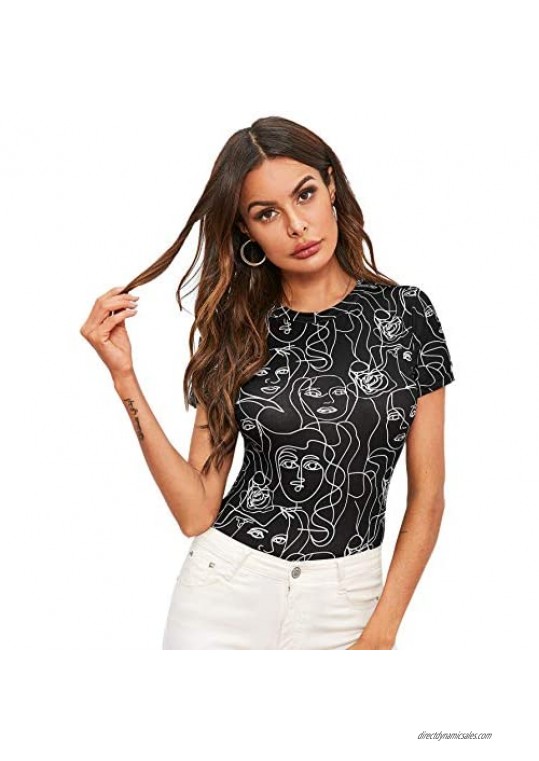 SheIn Women's Casual Crew Neck Short Sleeve Fitted Graphic T-Shirt Tee Tops