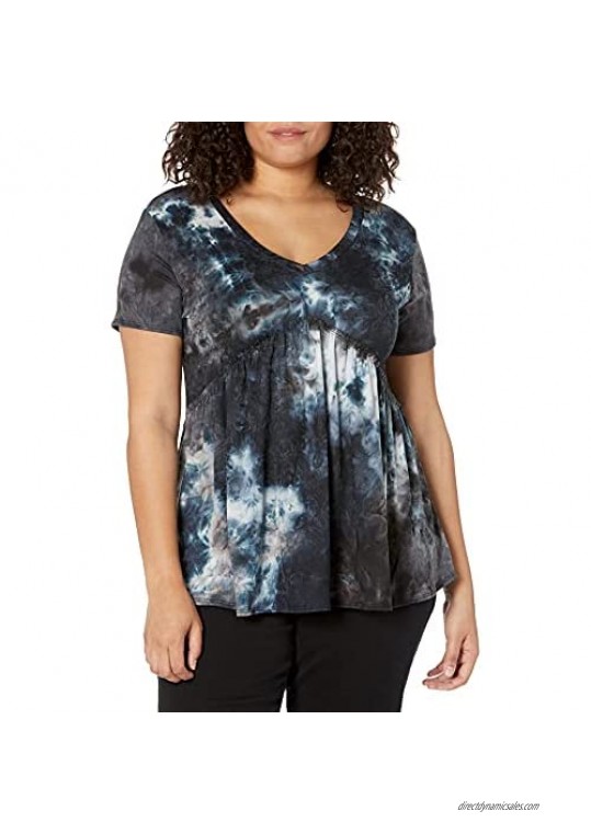 Star Vixen Women's Plus Size Short Sleeve Babydoll Top with V Neck  Teal Charcoal Tiedye  2X