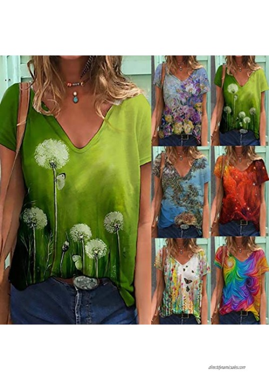 Summer Tops for Women Womens V Neck Tshirt for Women Tie Dye Gradient Tunic Casual Loose Fit Blouses Basic Tee Tops