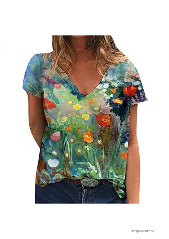 Tshirt for Women  2021 Women's Summer Tops V-Neck Dragonfly Print Short-Sleeved Novelty T-Shirt Casual Loose Tee Shirt