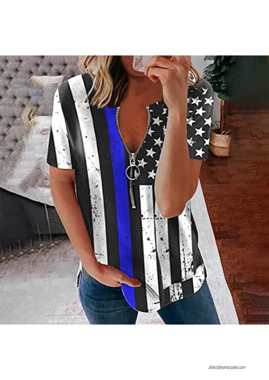 Tshirts for Womens Casual Summer American Flag Short Sleeve 4th of July Tee Tops with Zipper
