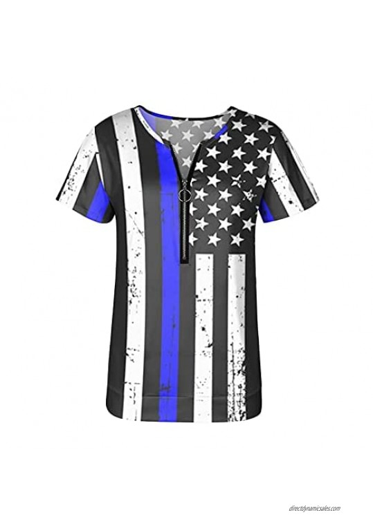Tshirts for Womens Casual Summer American Flag Short Sleeve 4th of July Tee Tops with Zipper