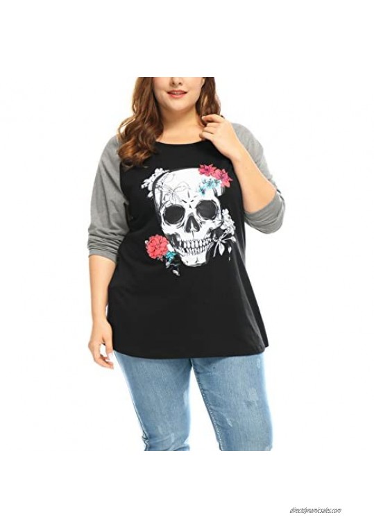 uxcell Women's Plus Size Top Floral Skull Contrast Color Raglan Work T Shirt