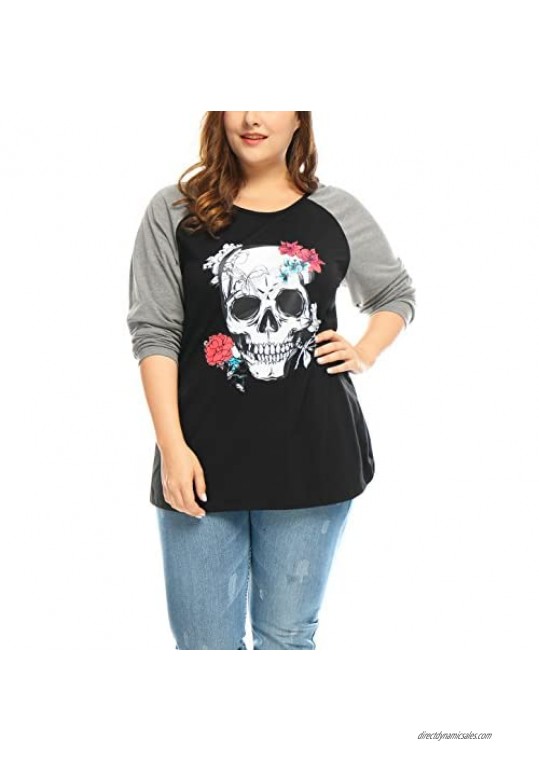 uxcell Women's Plus Size Top Floral Skull Contrast Color Raglan Work T Shirt